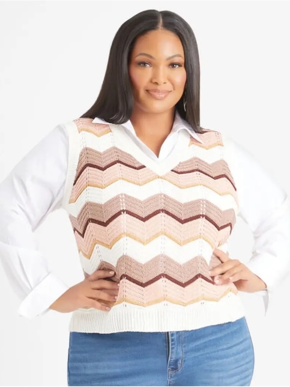 Ashley Stewart V-Neck Chevron Stripe Sweater - Pink, Ivory, Brown, Tan